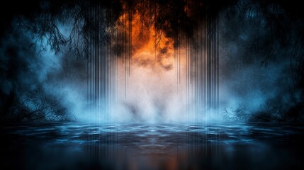 Aufkleber - Vibrant parallel streaks of color at twilight serene water surface digital art mystical environment dreamlike viewpoint