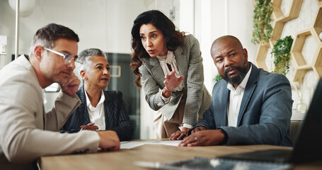 Poster - Business people, financial report and presentation with laptop, budget and advisor for customer portfolio. Woman, accountant or agent meeting with tech for consultation advice or assistance review