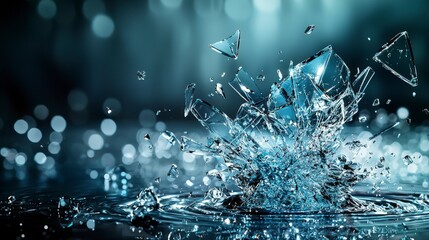 Fototapete - Shattered glass fragments vibrating midair in crystal clear water abstract photography studio lighting