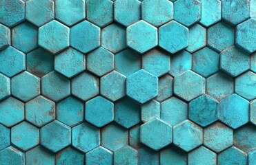 Fototapete - With a blue bokeh background and a blur in blue tones, abstract hexagons illustrate the concepts of medicine and science