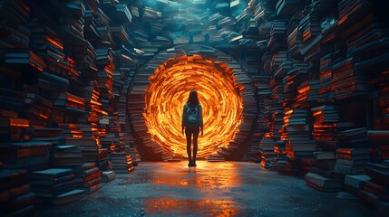Poster - Student Stepping into a Glowing Portal Formed by Books Exploring Innovation and Discovery