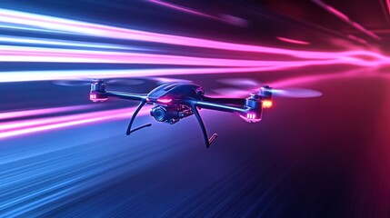 Poster - Futuristic Drone Flight with Neon Lights, High-Speed Aerial Perspective