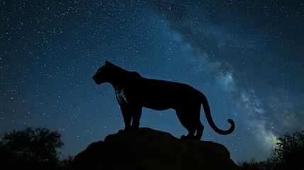 Majestic black panther silhouette against a stunning night sky filled with stars and the Milky Way galaxy.