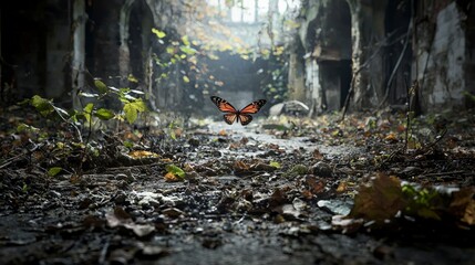 Poster - Butterfly emerges in abandoned building nature photography urban decay solitude and renewal