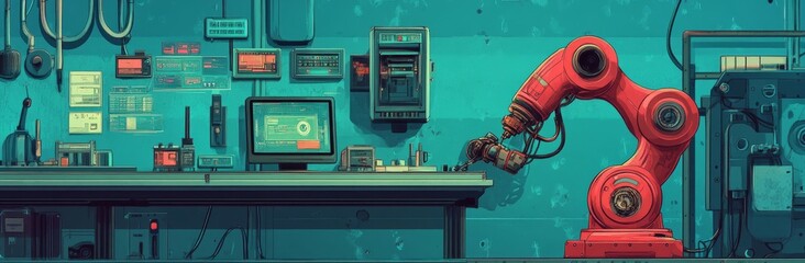 Poster - An automated scientific laboratory depicted in a horizontal background. Robotic arms execute tests in flasks, scientist supervises the research on computers. Panoramic lab view showcasing innovative