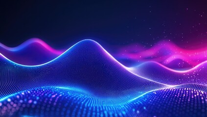 Fototapete - Neon wave data flow, digital landscape, abstract background, tech design