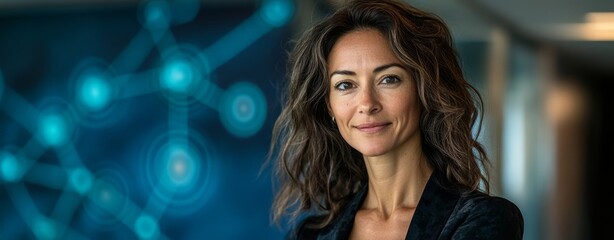 Poster - In healthcare technology, a medicine doctor touches a digital global network for medical data exchange. Connected through social networks with a hologram and modern interface, it reflects the future