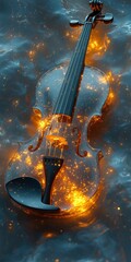 Wall Mural - Glowing violin rests in swirling, dark liquid.