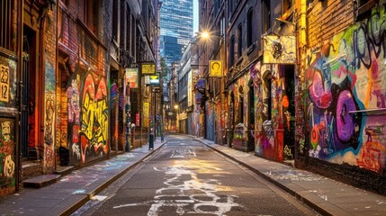 Naklejka na meble Graffiti-covered alleyway at dawn, urban street, city center, showcasing vibrant street art