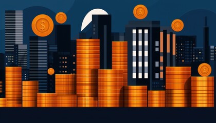 Wall Mural - financial freedom independence strategy value concept. City skyline with stacks of coins and glowing coins in a night setting.