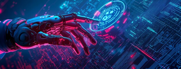 Poster - Exploration of AI in healthcare. An advanced AI learning system in medical practice. A doctor reviews data on an isolated processor with a celestial background