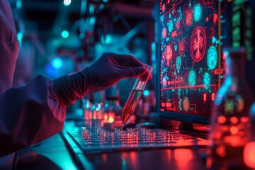Poster - Human Biology and Pharmaceutical Technology intersecting with Genetic Research and Biotech Science on a laboratory backdrop