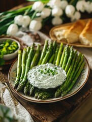 Poster - Vibrant spring dinner with fresh vegetables, creamy sauce and bread. Herb salad on the side.