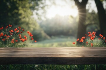 Wall Mural - Wooden table, red flowers, sunlit forest, spring scene, product display