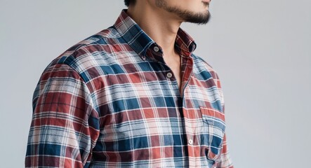 Canvas Print - Asian guy plaid buttonup shirt middle age side view portrait on plain white background