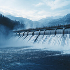 Wall Mural - Majestic dam with cascading waterfalls in a serene mountainous landscape, enveloped in mist and cool blue tones, evoking a sense of tranquility and natural power.