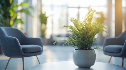 Poster - bright and airy modern living space featuring blurred background with comfortable seating and greenery, creating serene atmosphere