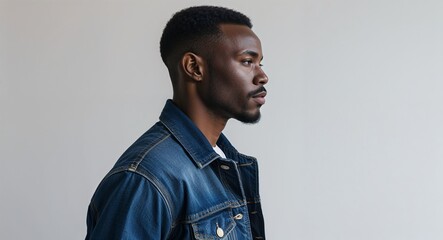 Canvas Print - Black African guy dark blue denim jacket middle age side view portrait on plain white background