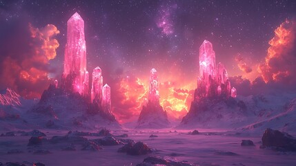 Wall Mural - cosmic crystal peaks: a surreal and otherworldly landscape unfolds, featuring towering crystal forma