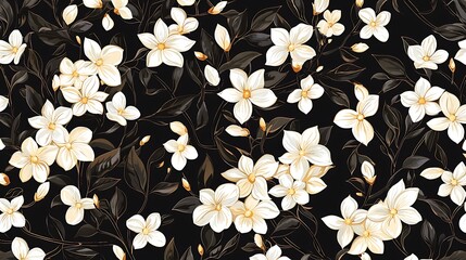 Wall Mural - Floral pattern of blooming jasmine flowers with leaves on dark backdrop for textiles