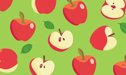 Poster - Seamless Red Apple Pattern on Green Background in Minimalist SVG Vector Style