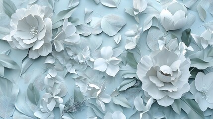 Wall Mural - Floral arrangement with white flowers and leaves on light blue background for display