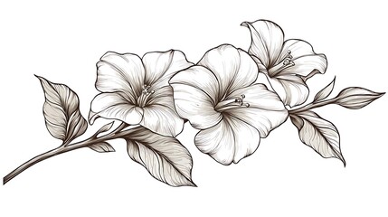 Wall Mural - Three flowers with leaves on stem in white background use for tattoo or decoration