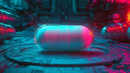 Poster - Futuristic design featuring a white capsule in a sea of intricate blue digital components, pertaining to the health care stock sector