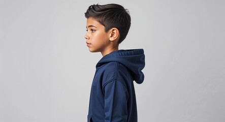 Canvas Print - Hispanic boy navy blue hoodie young teen side view portrait on plain white background