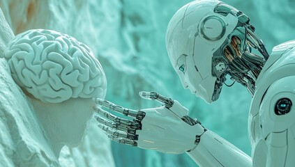Poster - Both a human hand and a robotic arm direct their attention to a digital brain, representing the idea of stock