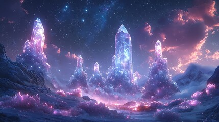 Wall Mural - crystalline peaks, celestial glow: a breathtaking fantasy landscape featuring towering crystalline s