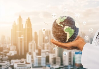 Poster - In a futuristic and technological setting for global healthcare, a doctor holds a holographic globe, encircled by health and medicine-related icons and symbols