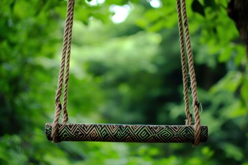 Poster - Rustic rope swing hangs in the green lush forest background