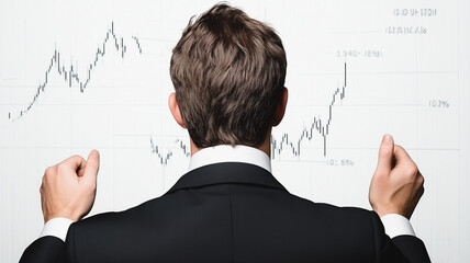 Poster - Charting Success: A businessman stands triumphantly before a whiteboard covered in upward-trending charts, symbolizing his ambition, determination, and the pursuit of success.
