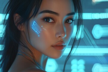 Poster - A concept where a Latin elder merges AI capabilities with her timeless human grace, set in the future