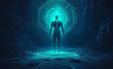 Poster - Innovative high-tech future design background enhanced with an abstract technology UI and futuristic human medical HUD interface, featuring hologram elements of digital data charts, DNA,