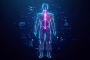 Poster - An abstract geometric design intertwining medicine and science concepts with healthcare and medical icons, including molecules, DNA, and wave flow imagery. It showcases medical innovation technology