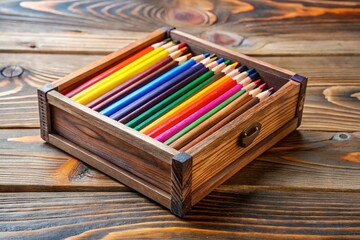 Wall Mural - Rustic Wooden Box of Assorted Color Pencils - Art Supplies Stock Photo