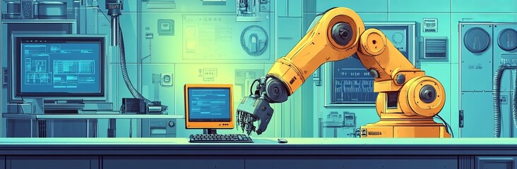 Poster - Horizontal view of an automated scientific laboratory. Robotic arms carry out tests in flasks, a scientist monitors the research on computers. Laboratory panorama with futuristic machinery. Modern