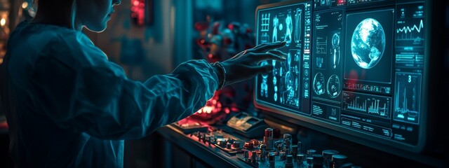 Poster - A modern medicine doctor leverages a computer and virtual innovation to conduct patient diagnosis over a global medical healthcare network interface, embodying future technology and concepts