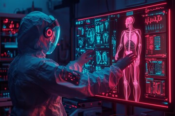 Poster - A stock illustration featuring a doctor's hands around a digital screen, which projects a hologram of a human body with various health metrics and data
