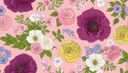 Poster - seamless pattern with flowers in colorful pastel pink background. Seamless floral pattern with vector illustration.