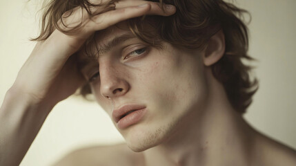 Pensive Portrait: A young man with tousled light brown hair rests his hand on his forehead, his expression conveying a sense of contemplation or introspection.