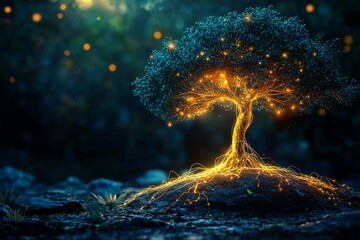 Poster - A metaphorical representation of data-driven decisions is embodied through Tree of Knowledge, Interconnectedness, Complexity, Synaptic Activity. Neural network in stock. Machine learning