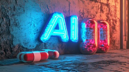 Poster - Illustration in 3D of AI technology and a robot machine drug capsule with a black background