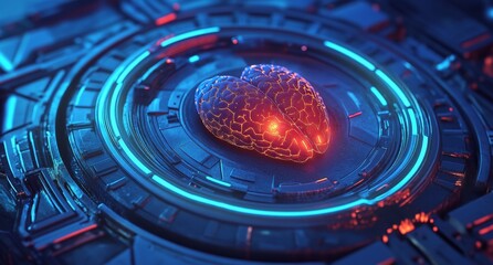 Poster - Future medicine and modern treatment are illustrated by a microchip processor circuit board featuring a human brain organ and a HUD interface hologram, powered by innovative health care analysis