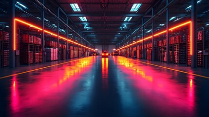 Poster - Vibrant Automated Warehouse with Glowing AGVs Navigating Stacked Pallets