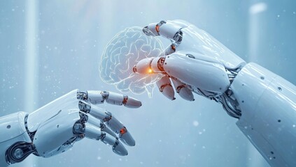 Poster - A depiction of a human hand and a robot arm directing towards a digital brain, conveying the stock concept