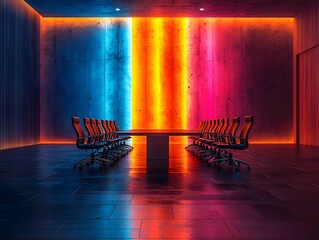 Poster - glowing business meeting table with evenly split sections representing equitable participation
