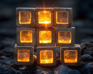Poster - Glowing Cubes Stacked by Diverse Hands Forming Balanced Business Equity Pyramid